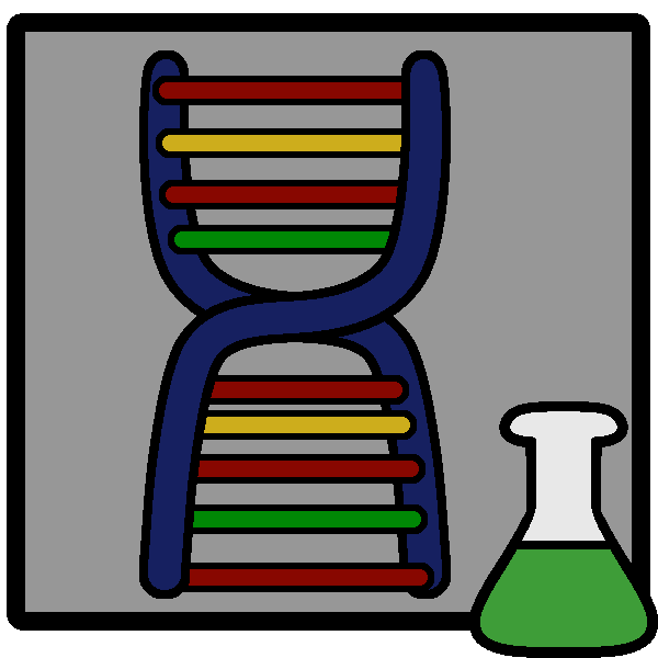 A double helix strand of DNA with yellow, green, and red bars in a frame with a green beaker in the corner.
